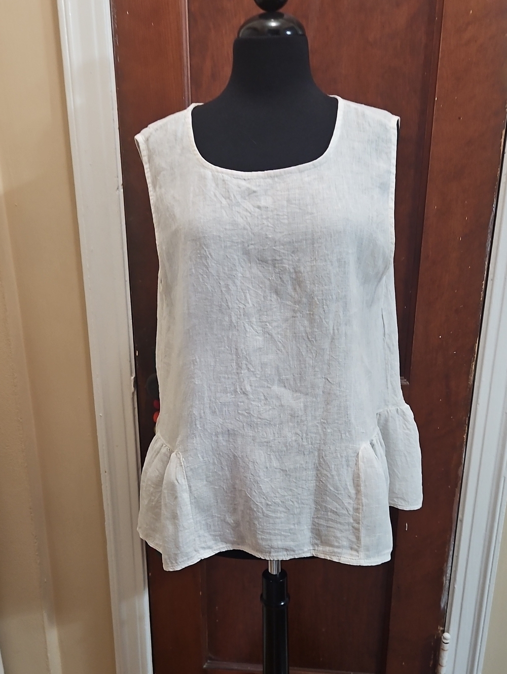 Women's White Linen Ruffle Hem Sleeveless Top